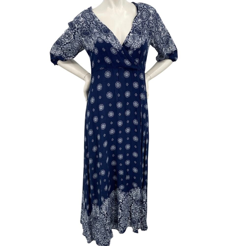 Biubiu Womens Long Maxi Wrap Look Dress Blue White Boho Festival 3/4 Sleeve S/M